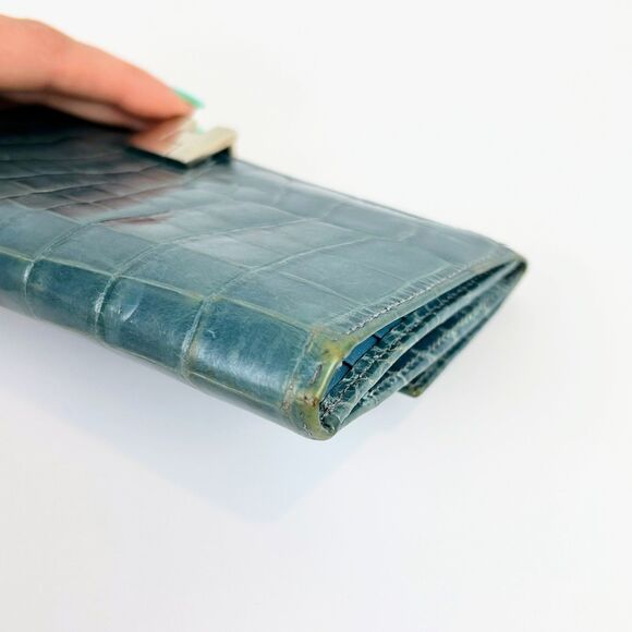 Lambertson Truex Crocodile Leather Exotic Turquoise Blue Foldover Wallet Design - Picture 14 of 16